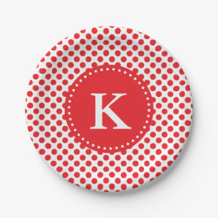 Mit Monogramm Red on White Polka Dot Pappteller
