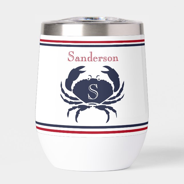 Mit Monogramm Red White Navy Blue Crab Nautic (Vorderseite)