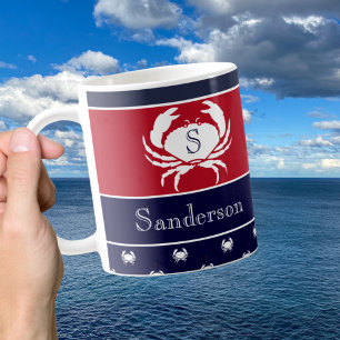 Mit Monogramm Red White Navy Blue Crab Nautic Kaffeetasse