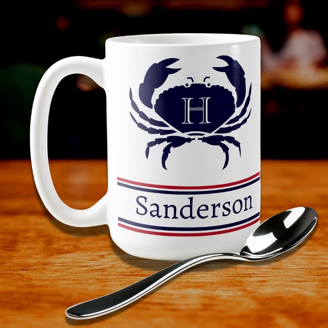 Mit Monogramm Red White Navy Blue Crab Nautic Kaffeetasse (Von Creator hochgeladen)
