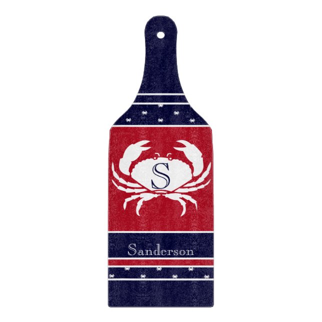 Mit Monogramm Red White Navy Blue Crab Nautic Schneidebrett (Vorderseite)