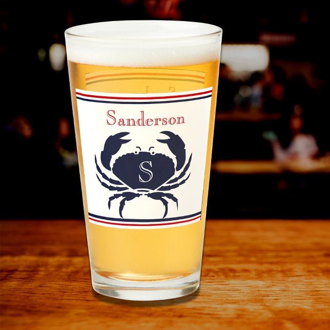 Mit Monogramm Red White Navy Blue Crab Nautical Gl Glas (Von Creator hochgeladen)