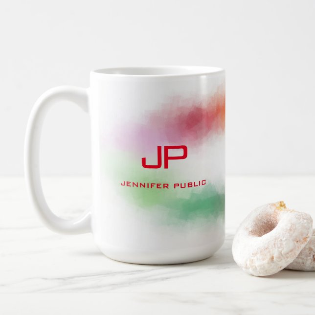 Mit Monogramm Regenbogenfarben Farbenfroh Abstrakt Kaffeetasse (Mit Donut)