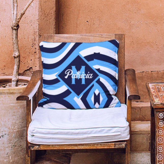 Mit Monogramm Retro 70er Navy Blue Aquamarin psych Kissen (Von Creator hochgeladen)