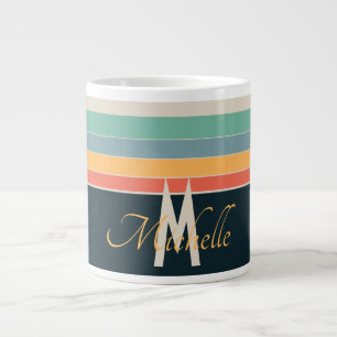 mit Monogramm Retro-70er Navy-Blue-Gelb-Rosa-Strei Jumbo-Tasse