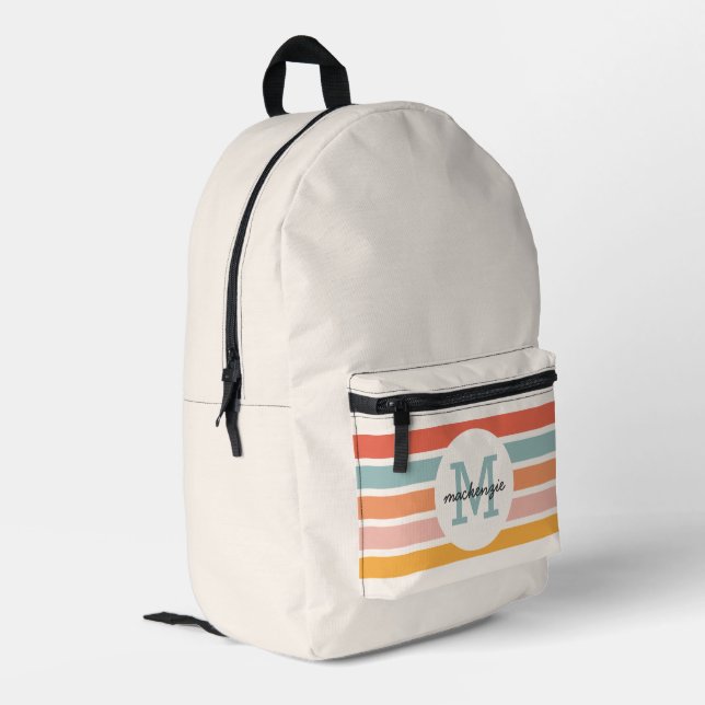 Mit Monogramm Retro Farbige Streifen Personalisier Bedruckter Rucksack (Rückseitige Ecke links)