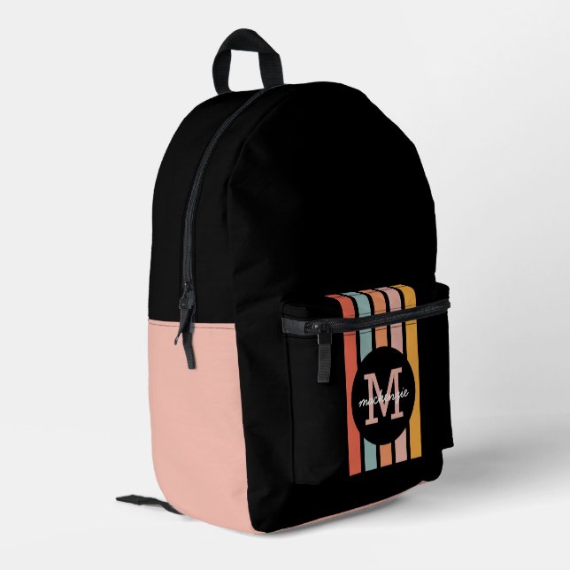 Mit Monogramm Retro Farbige Streifen Personalisier Bedruckter Rucksack (Rückseitige Ecke links)
