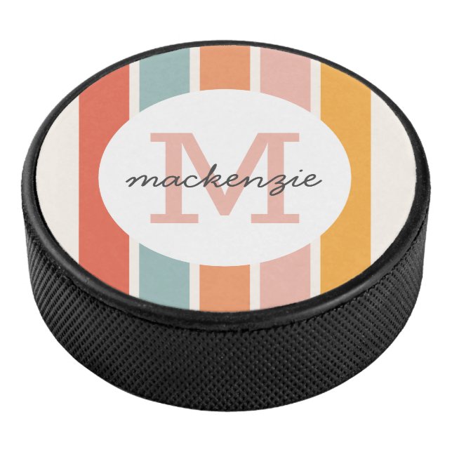 Mit Monogramm Retro Farbige Streifen Personalisier Eishockey Puck (3/4)