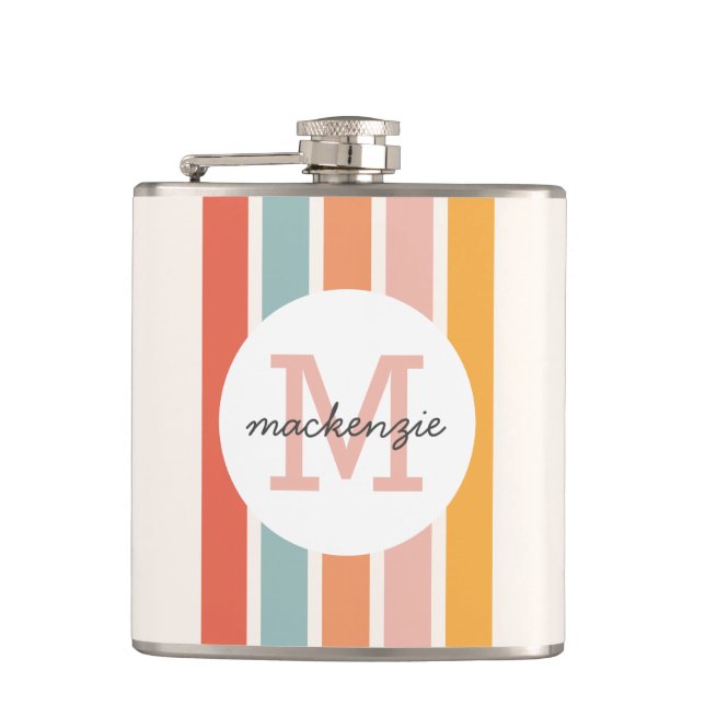 Mit Monogramm Retro Farbige Streifen Personalisier Flachmann (Vorderseite)
