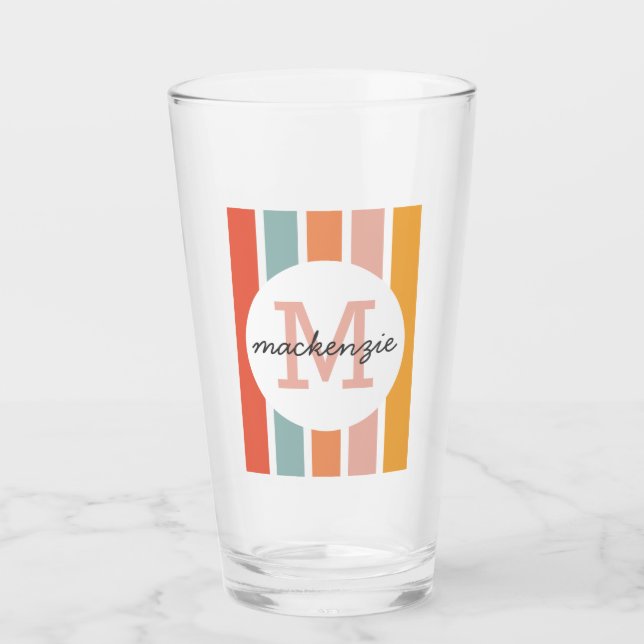 Mit Monogramm Retro Farbige Streifen Personalisier Glas (Vorderseite)