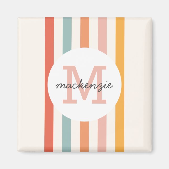 Mit Monogramm Retro Farbige Streifen Personalisier Magnet (Vorne)