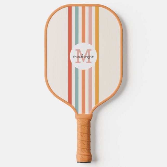 Mit Monogramm Retro Farbige Streifen Personalisier Pickleball Schläger (Vorderseite)