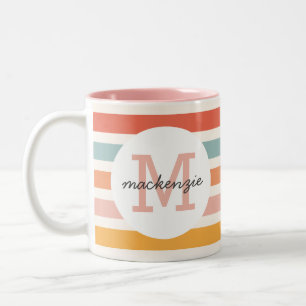 Mit Monogramm Retro Farbige Streifen Personalisier Zweifarbige Tasse