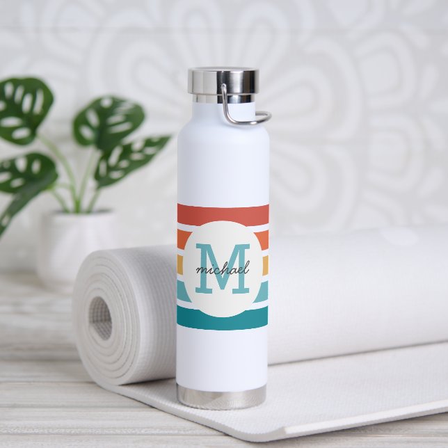 Mit Monogramm Retro Streifen Personalisiert Trinkflasche (Yoga)