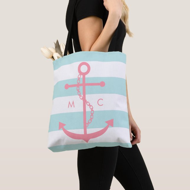 Mit Monogramm rosa Anker auf Minzstreifen (Von Nahem)
