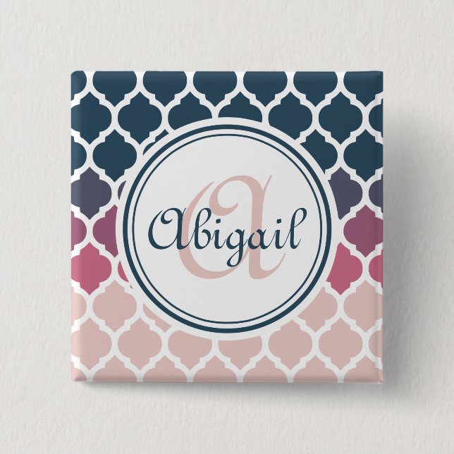 Mit Monogramm rosa blaues marokkanisches Gittermus Button (Vorderseite)