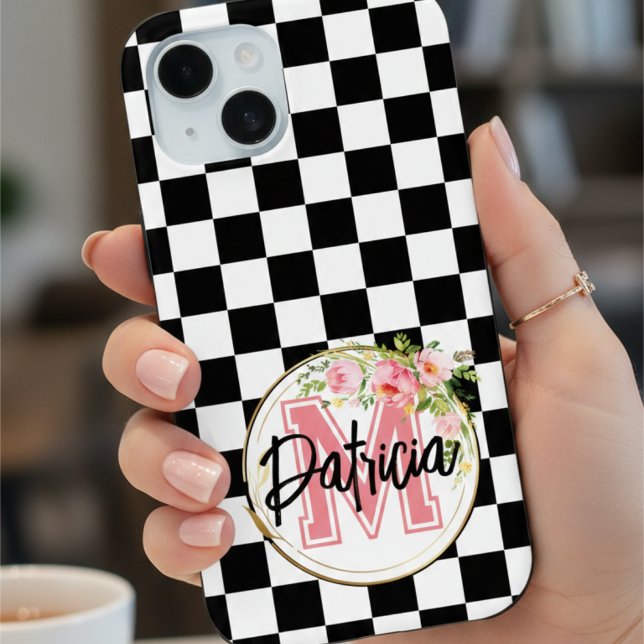 mit Monogramm, rosa Blume schwarz und weiß Checked Case-Mate iPhone Hülle (Von Creator hochgeladen)