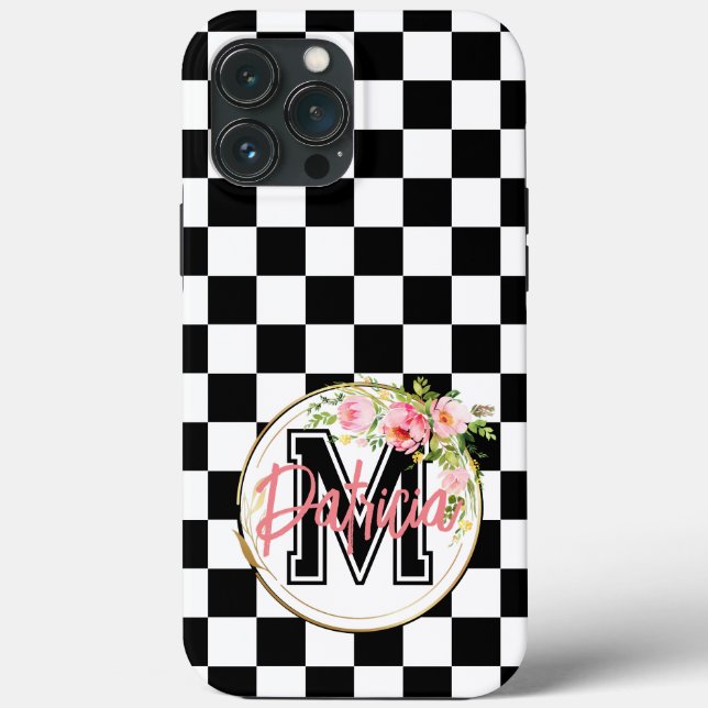 Mit Monogramm rosa Blume schwarz und weiß Checked Case-Mate iPhone Hülle (Rückseite)