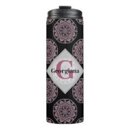 Mit Monogramm rosa Blumenfronten Polka Dot Mandala Thermosbecher