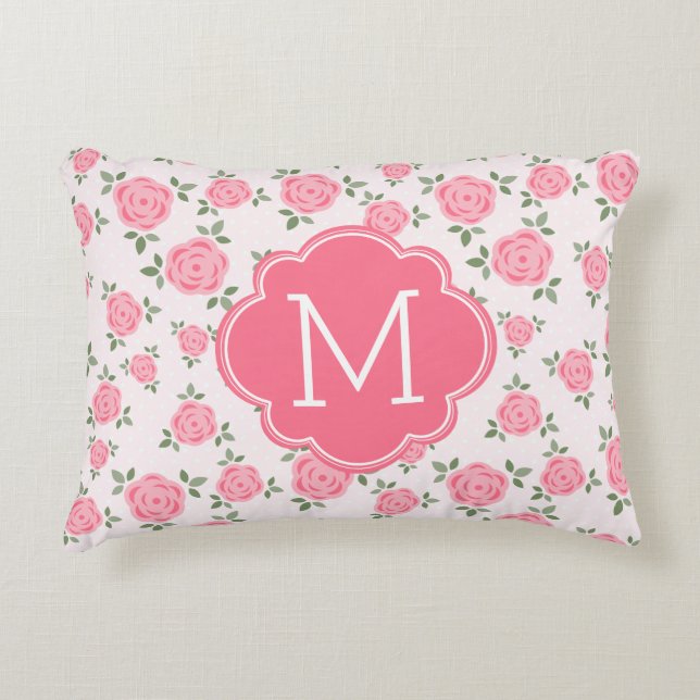 Mit Monogramm rosa Blumenmuster Dekokissen (Vorderseite)