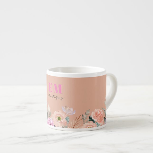 Mit Monogramm rosa Blüte Espressotasse (Vorderseite Rechts)