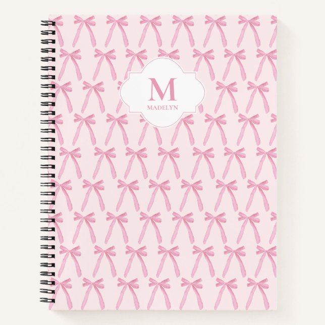 Mit Monogramm rosa Coquette Bogen personalisiert Notizbuch (Vorderseite)