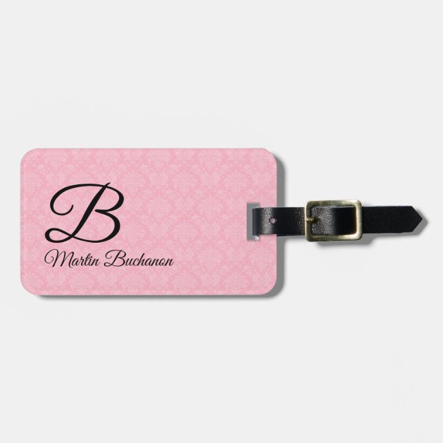 Mit Monogramm rosa Damast für Reisende Gepäckanhänger (Vorderseite horizontal)