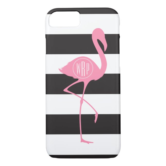 Mit Monogramm rosa Flamingo + Schwarz + Weiße Stre Case-Mate iPhone Hülle (Rückseite)