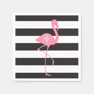 Mit Monogramm rosa Flamingo + Schwarz + Weiße Stre Serviette