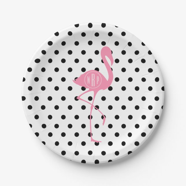 Mit Monogramm rosa Flamingo + Schwarzer Tupfen Pappteller (Vorderseite)