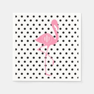 Mit Monogramm rosa Flamingo + Schwarzer Tupfen Serviette