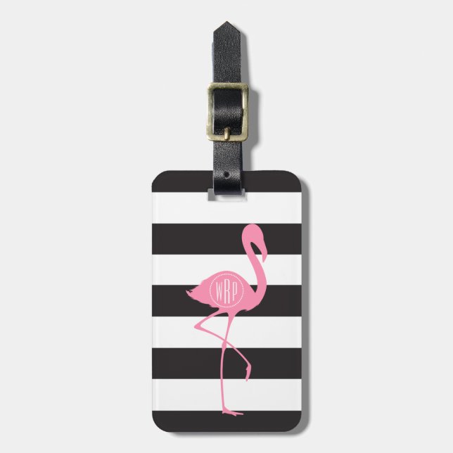 Mit Monogramm rosa Flamingo + Schwarzes + Weiße Gepäckanhänger (Vorderseite vertikal)