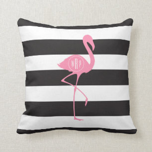 Mit Monogramm rosa Flamingo + Schwarzes + Weiße Kissen