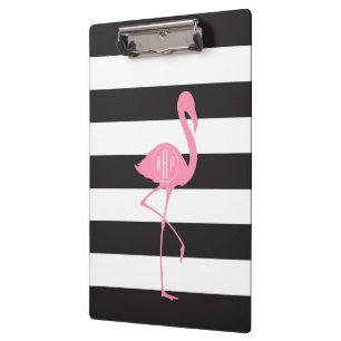 Mit Monogramm rosa Flamingo + Schwarzes + Weiße Klemmbrett