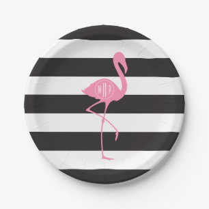 Mit Monogramm rosa Flamingo + Schwarzes + Weiße Pappteller