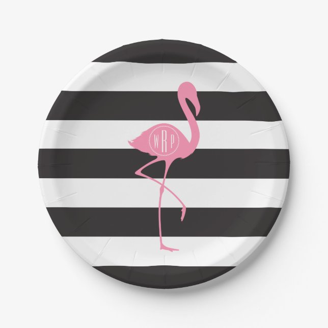 Mit Monogramm rosa Flamingo + Schwarzes + Weiße Pappteller (Vorderseite)
