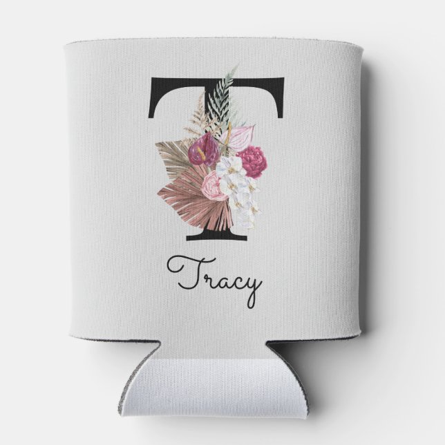 Mit Monogramm rosa Floral Initial Dosenkühler (Rückseite)