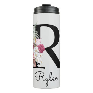 Mit Monogramm rosa Floral Initial R Thermosbecher