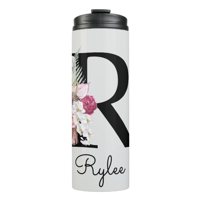 Mit Monogramm rosa Floral Initial R Thermosbecher (Vorderseite)