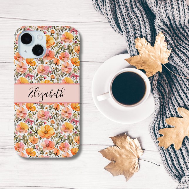 Mit Monogramm-Rosa-Gelborange-Wildblumen-Geschenk Case-Mate iPhone Hülle (Monogrammed Name Personalized Pink yellow orange Wildflowers iPhone case)