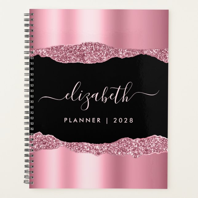 mit Monogramm rosa Glitzer Foil Black Planer (Vorderseite)
