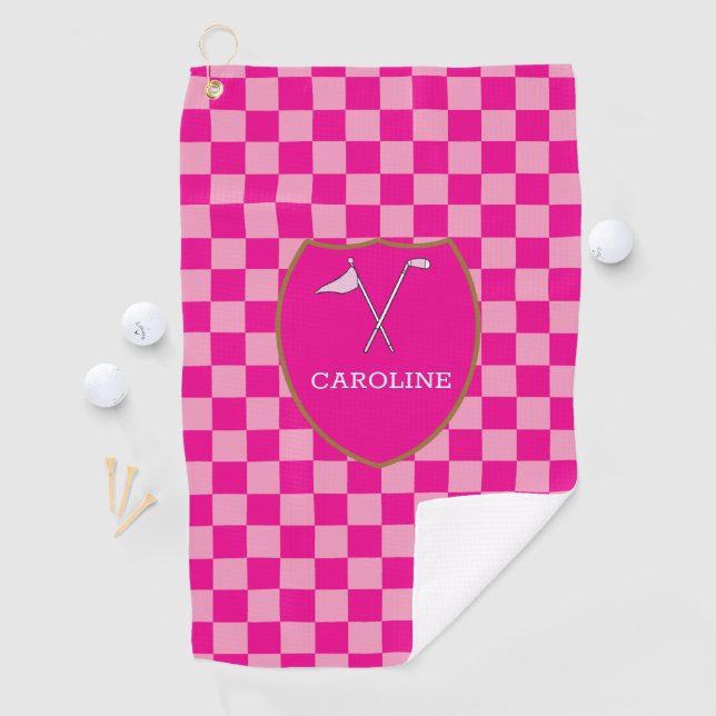 Mit Monogramm Rosa Karo & Golf Club & Flag Golf To Golfhandtuch (Insitu)