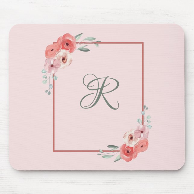 Mit Monogramm rosa Koralle und weiße grüne Blüten Mousepad (Vorne)