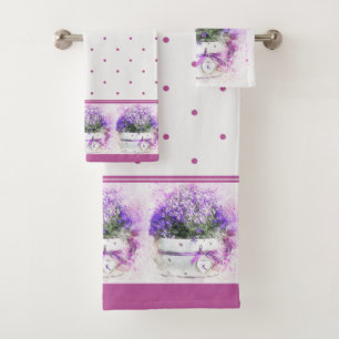 Mit Monogramm rosa Lavendel Floral Polka dot Badhandtuch Set