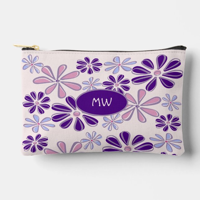 Mit Monogramm rosa Lila Blume Doodle Muster Zubehörtasche (Vorderseite)