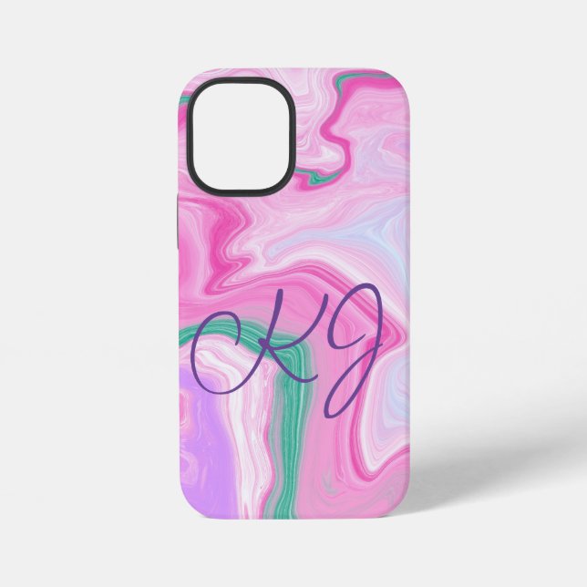 Mit Monogramm, rosa, Lila, Minze Grüne Marmorkunst iPhone Hülle (Rückseite)