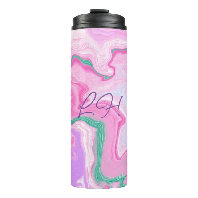 Mit Monogramm, rosa, Lila, Minze Grüne Marmorkunst Thermosbecher (Vorderseite)