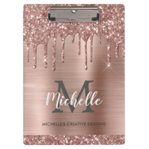 mit Monogramm Rosa Rose Gold Glitzer Tropfen  Klemmbrett
