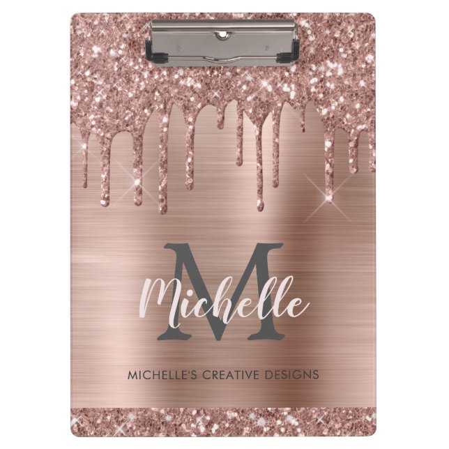 Mit Monogramm Rosa Rose Gold Glitzer Tropfen Klemmbrett (Vorderseite)