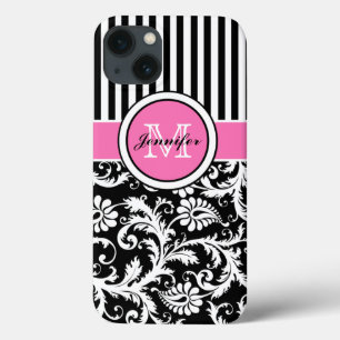 Mit Monogramm rosa, schwarz, weiß gestreifte Damas Case-Mate iPhone Hülle